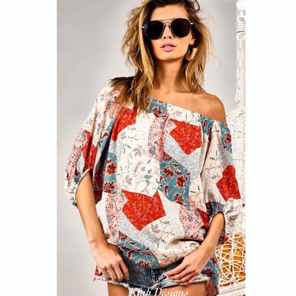 New!Clearance 🔥Boho Floral Patchwork Woven Off Shoulder Ballon Sleeve Soft Top - Picture 7 of 16